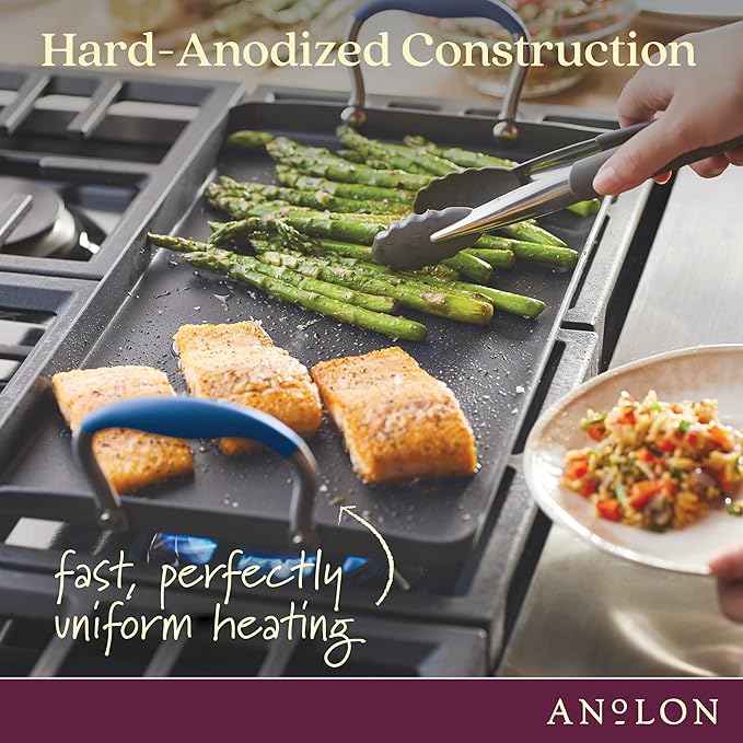 Anolon Advanced Hard Anodized Nonstick Double Burner Griddle with Multi-Purpose Rack, 10-Inch by 18-Inch, Indigo