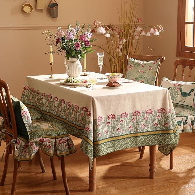 patdrea Designer Vintage Tablecloth for Rectangle Table,Green Linen Leaves Pattern Extra Long Table Cloth,Cover Decor for Kitchen Dining Christmas Thanksgiving,Tea Party,63"x110"-Cecilia D
