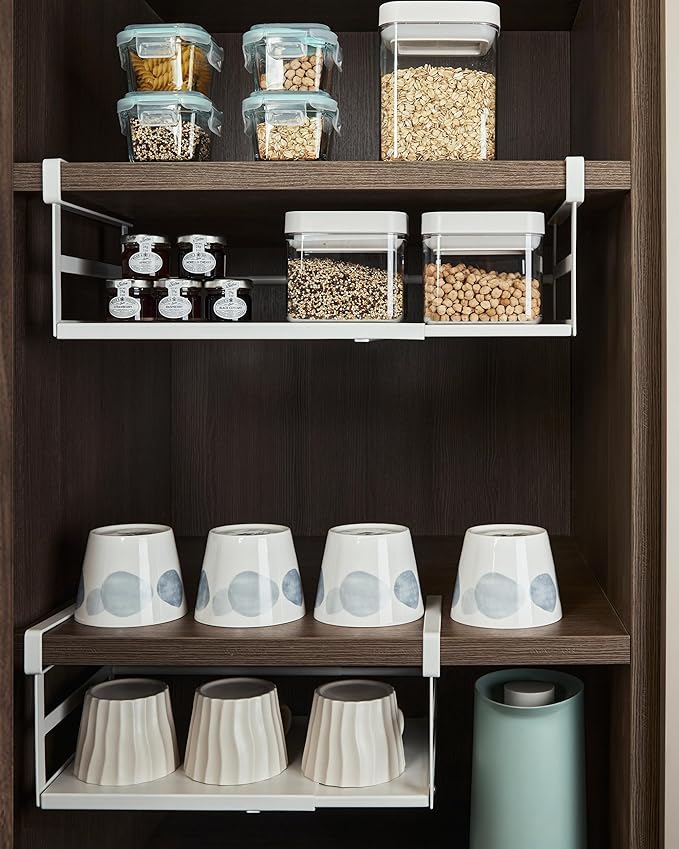 2Pack Under Shelf Storage Basket Organizer Expandable Width Add-On Space Saver Hanging Under Cabinet Pantry Kitchen Countertop Desktop Bookshelf Cupboard Board Slide-in White Heavy-Duty Metal