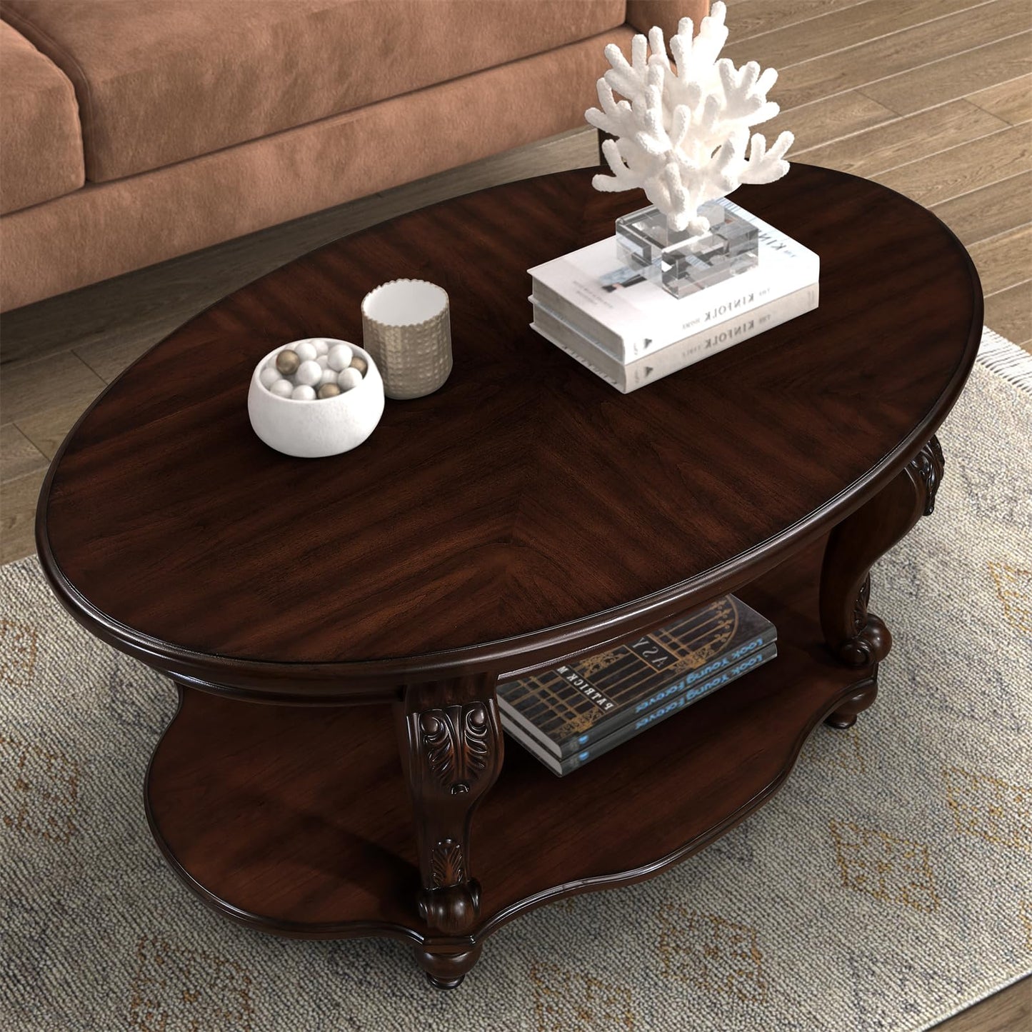 LKTART Oval Wood Coffee Tables for Living Room, Vintage Round Coffee Table with Carved Wood Legs, Tradition Elegant Coffee Table (Cherry, 42 Inch)