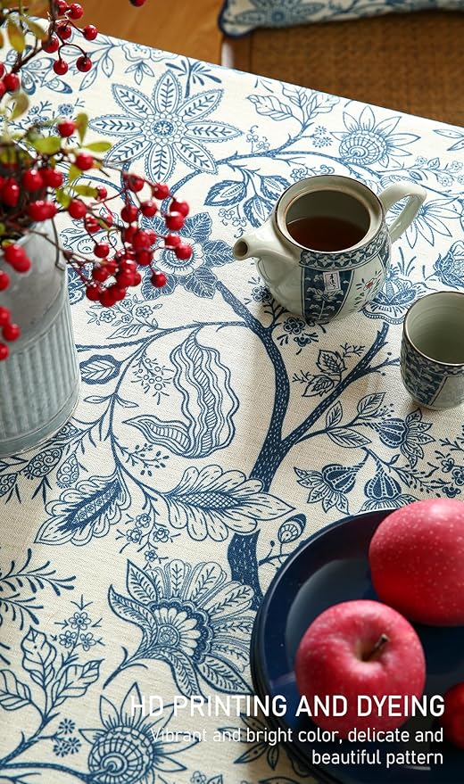 ISAENNE Designer French Linen Long Rectangle Tablecloth,Blue Floral Washable Indoor Table Cloth,Durable Home Decor Tablecloths for Dining Thanksgiving Kitchen Party Christmas,63"*94"-Ruyi B
