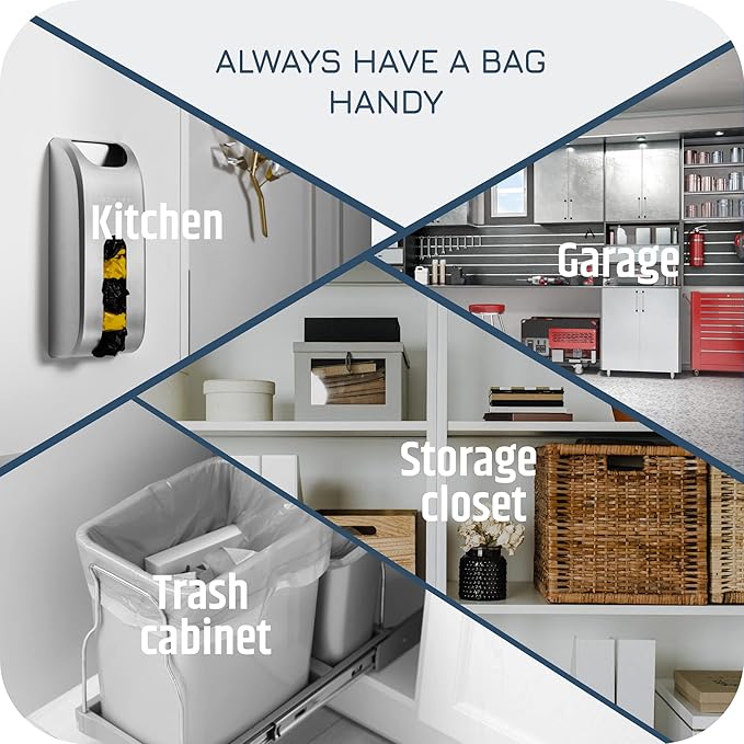 Plastic Bag Holder | UPGRADED Wall-Mount Grocery Bag Dispenser | Space-Saving Design | Easy Install | Smudge-Proof, Fingerprint-Resistant | Silver | Holds the Most Bags for Maximum Storage