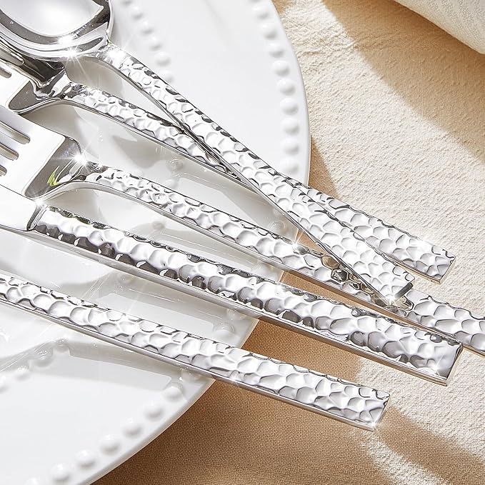 KINGSTONE 24 Piece Silverware Set with Steak Knives, Hammered Silverware Set for 4, 18/10 Stainless Steel Flatware, Cutlery Set for Home, Party, Wedding, Mirror Polished Dishwasher Safe