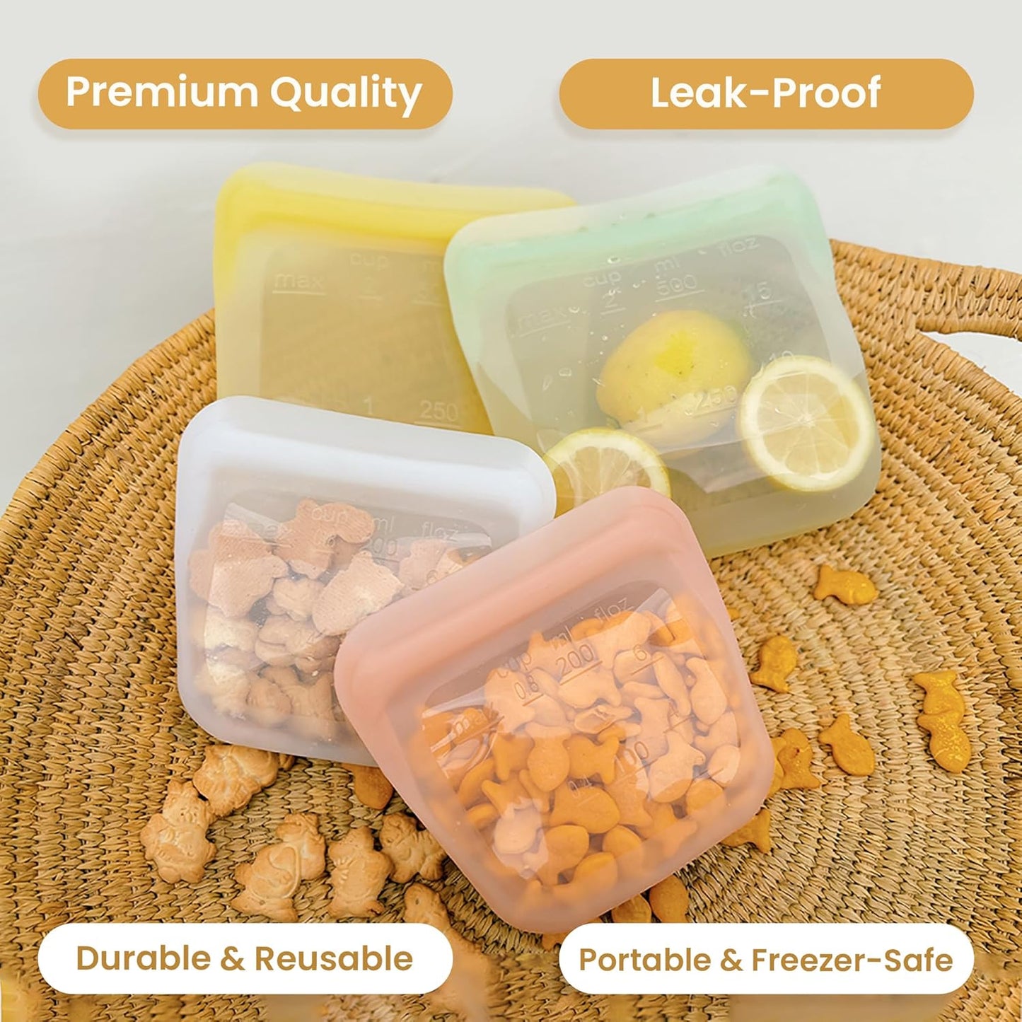 purifyou Set of 5 Reusable Silicone Storage Snack Bags 6oz / 16oz / 32oz / 64oz Self-Seal Food Storage Container for Fruits, Vegetables, Sandwiches, Dishwasher Safe & Leak-free (LimeCream, 32oz)