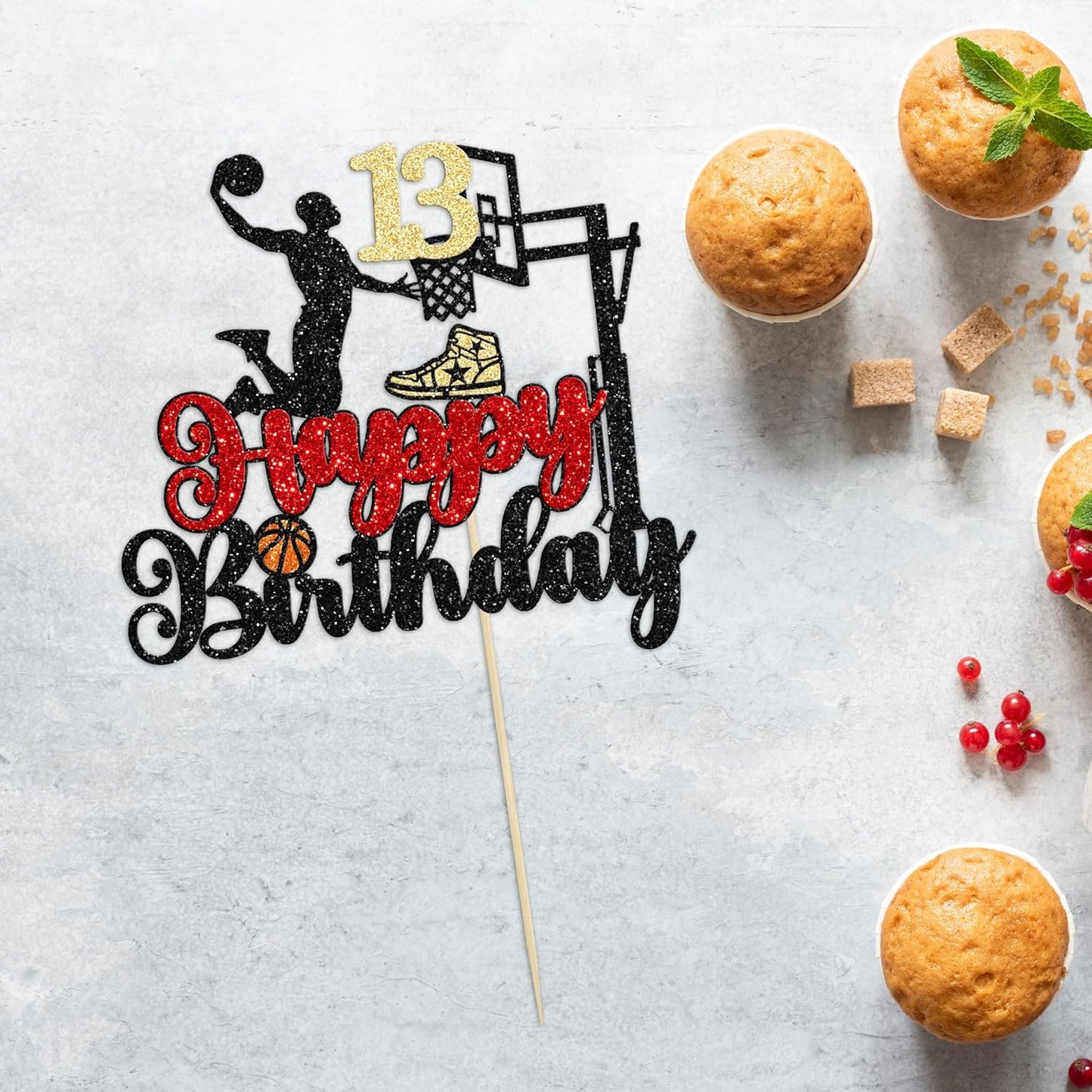 1Pc Happy 13th Birthday Basketball Cake Topper Glitter Basketball Sports Cake Pick Cheers to 13 Years Birthday Cake Decoration for 13th Party Supplies Black