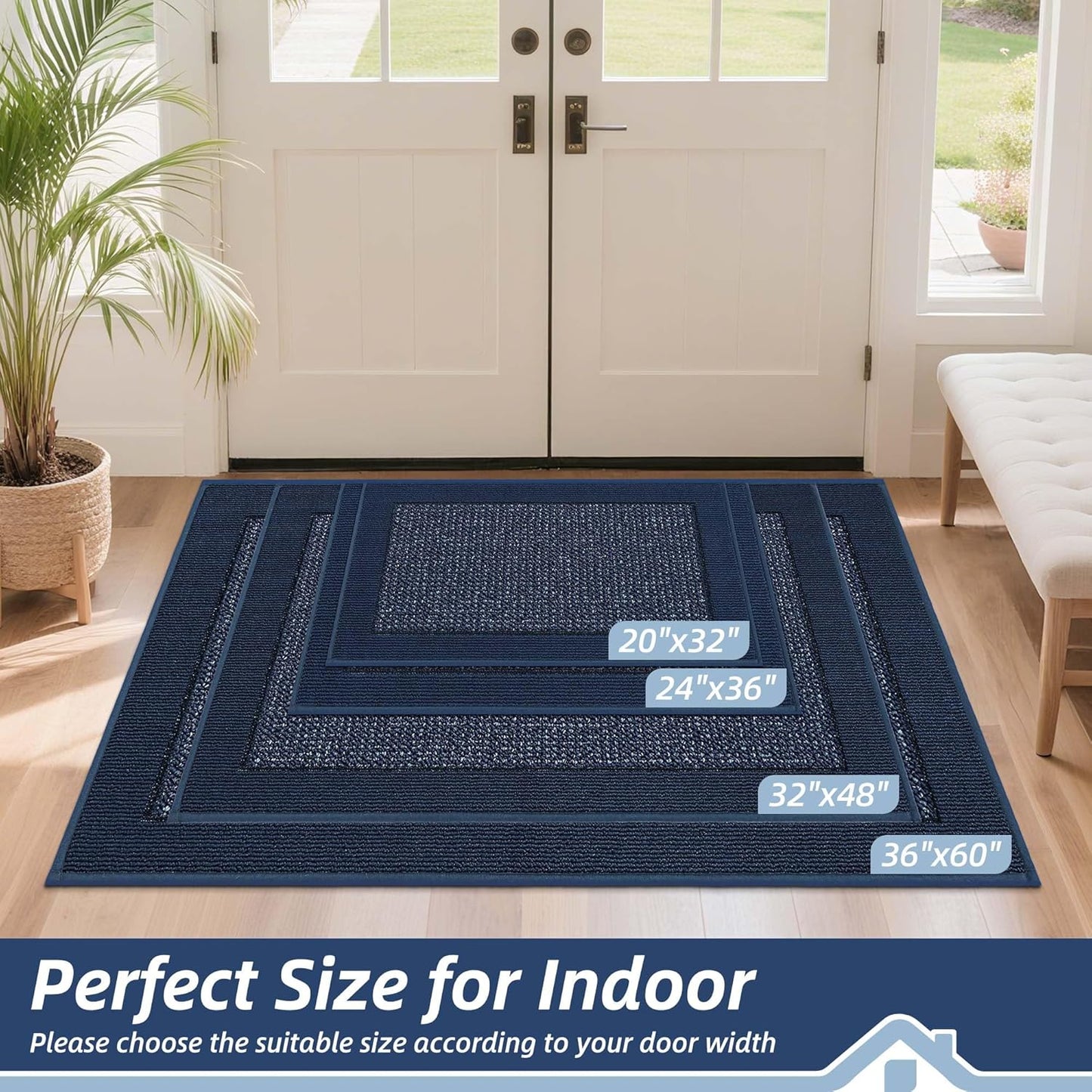 BEQHAUSE Indoor Door Mat 24" x 36", Dirt Trapper Door Mats Non-Slip Entryway Rugs Washable, Resist Dirt Absorbent Welcome Mat, Low Profile Floor Mats for Front Back Door and Entryway, Blue