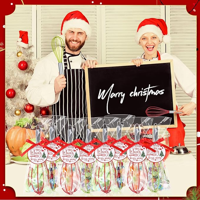 16 Sets 10 Inch Christmas Whisks Gifts DIY Fillable Christmas Tree Ornaments Xmas Colored Silicone Whisks for Cooking Heat Resistant Egg Beaters with Card Rope Bag for Candy Holder