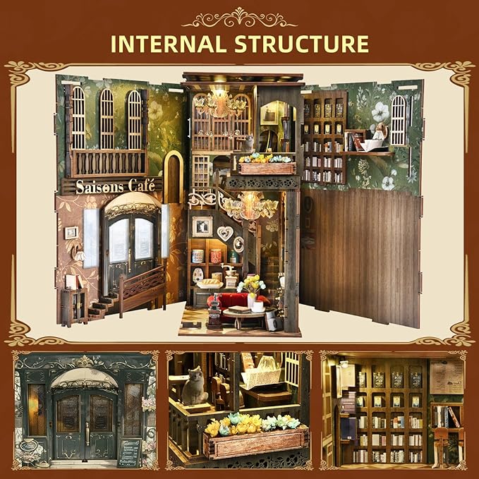 CCCDF Book Nook Kits for Adults and Teens, DIY Miniature Dollhouse Kit 3D Wooden Puzzle Booknook Bookend with LED Light, Gifts for Family, Friends (Saison Café)