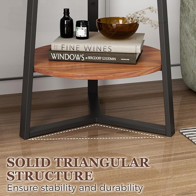 Gadroad Round End Table with Storage Shelf, 2 Tier Farmhouse Side Table Nightstand for Living Room, Bedroom, Wood Tabletop & Black Metal Frame, Brown 15.7 * 15.7 * 23.0inches