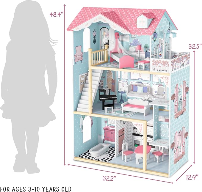 Lil' Jumbl Kid's Wooden Pink Dollhouse with Elevator, Balcony & Stairs, Accessories & Furniture Included, 3 Story Easy to Assemble Dollhouse Toy - X-Large