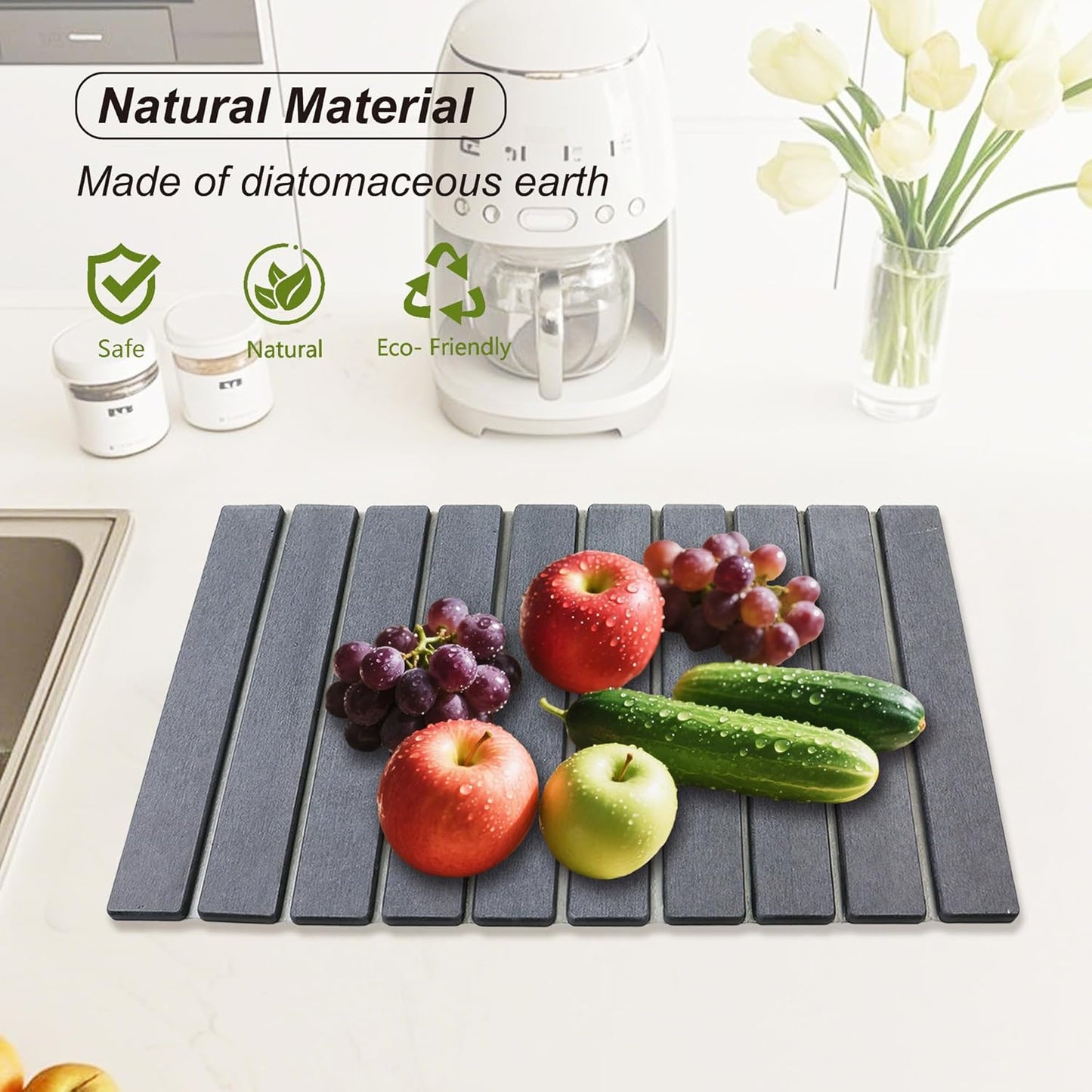 Large Stone Drying Mat for Kitchen Counter Diatomaceous Earth Collapsible 24”（L）*16”（W）Super Heat Resistant Mats, Quick Absorbent Dish Drying Rack（Light Gray）