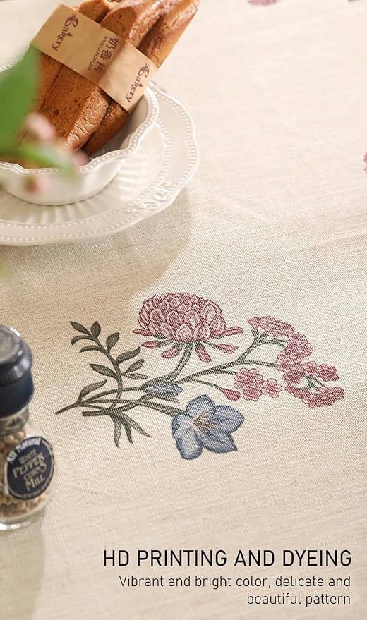 ISAENNE Designer Linen Light Beige Long Tablecloth Rectangle,French Colorful Floral Table Cloth,Stain Resistant Decor Tablecloths for Dining Thanksgiving Christmas Kitchen,63"*94"-Helena E