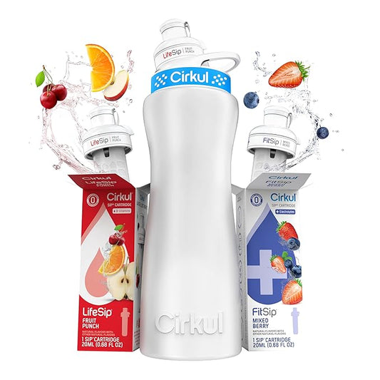Cirkul 22oz. White Stainless Steel Water Bottle Starter Kit with Blue Lid, 2 Flavor Cartridges (1 LifeSip Fruit Punch and 1 FitSip Mixed Berry) No Sugar, Zero Calorie Drink Mix