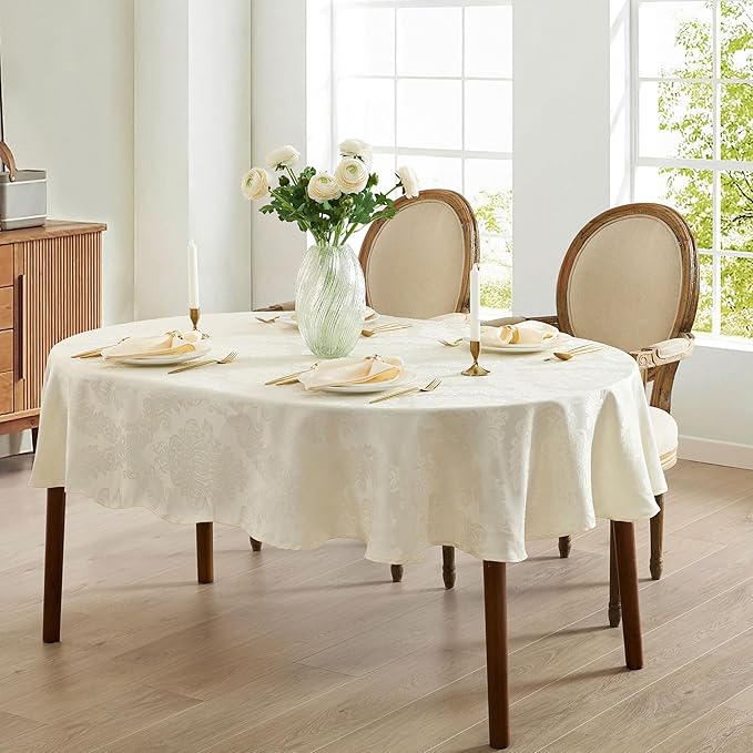 Newbridge Barcelona Luxury Damask Fabric Tablecloth, 60” Wide x 102” Oval, Antique White, 100% Polyester, No Iron, Soil Resistant Dining Room, Party and Banquet Table Cover