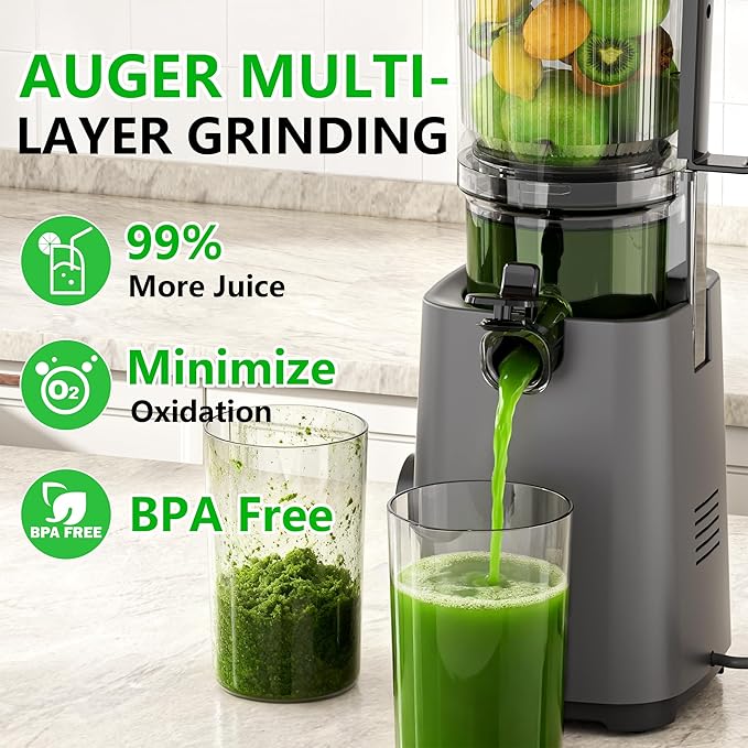 Cold Press Juicer Machines, 5.3" Large Feed Chute Slow Masticating Juicer, Powerful AC Brushless Motor Fit Whole Fruits & Vegetable, 99% Juice Yield, Ultra Quiet, Easy Clean