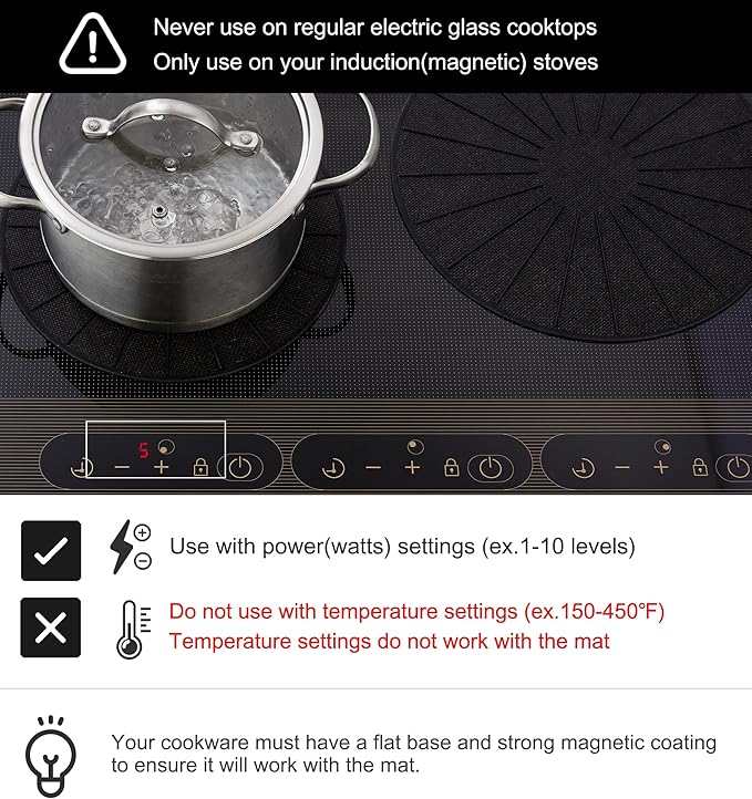 Lazy K Induction Cooktop Mat - Silicone Fiberglass Scratch Protector - for Magnetic Stove - Non Slip Pads to Prevent Pots from Sliding During Cooking_ Black (6.2inches)