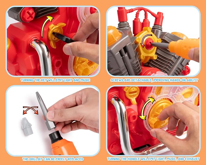 POFJOEQ Engine Building Kit, Kids Mechanic Repair Set for Kids Motorcycle Engine，Take Apart Toys-42pc Playset，STEM Engine Model Kit Toy with Cool Lights&Sounds，Educational Toys for 3+ Year Old (red)