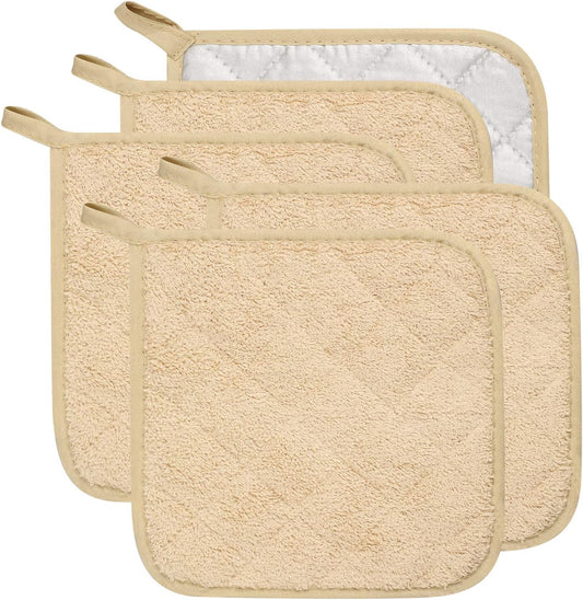 100% Cotton Kitchen Everyday Basic Terry Pot Holder Heat Resistant Coaster Potholder for Cooking and Baking Set of 5 Light Brown