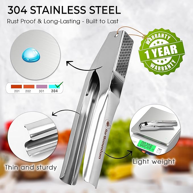 Garlic Press Stainless Steel - No Need to Peel Garlic Mincer & Crusher - 304 Inox, 7.34 Oz, Large Trough - Ergonomic Handle, Easy to Clean, Dishwasher Safe (2 Years Warranty) (Blue)