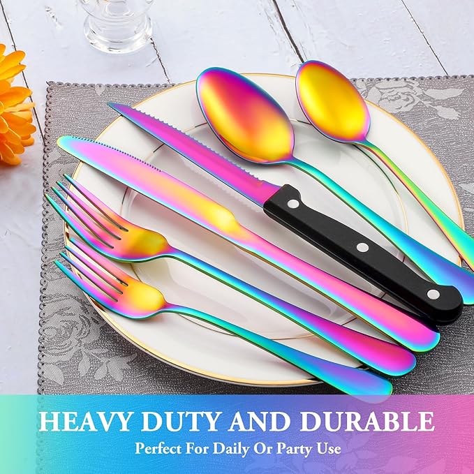 24 Pcs Rainbow Silverware Set with Steak Knives Service for 4,Stainless Steel Flatware Set,Mirror Polished Cutlery Utensil Set, Kitchen Eating Tableware,Include Fork Knife Spoon Set,Dishwasher Safe