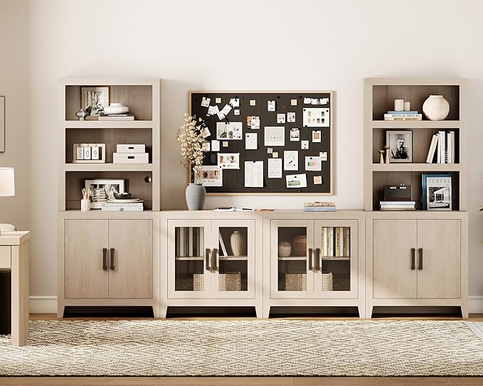 WAMPAT Entertainment Center with Bookshelves, 4-Piece Modular TV Stand with Storage Towers, Farmhouse Media Console with Glass Doors for Living Room, Bedroom, Beige