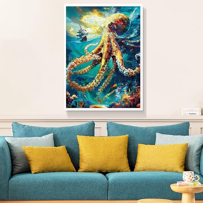 300 Piece Puzzle for Adults, Jigsaw Puzzle, Ocean Sailboat Octopus Jigsaw Puzzles, Funny Family Game and Learn About The Beauty of The Ocean, Friends Family Activity Game Nights Gifts, 20.5x15 in