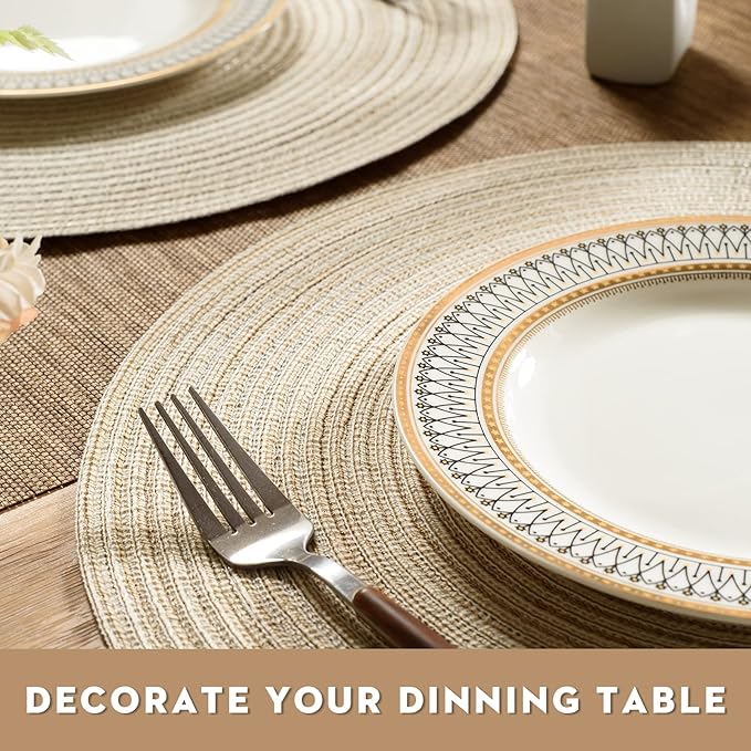 FunWheat Round Braided Placemats Set of 6 Easy Clean Place mats for Dining Tables Woven Heat Resistant Washable Table Mats 15 inches(Beige)