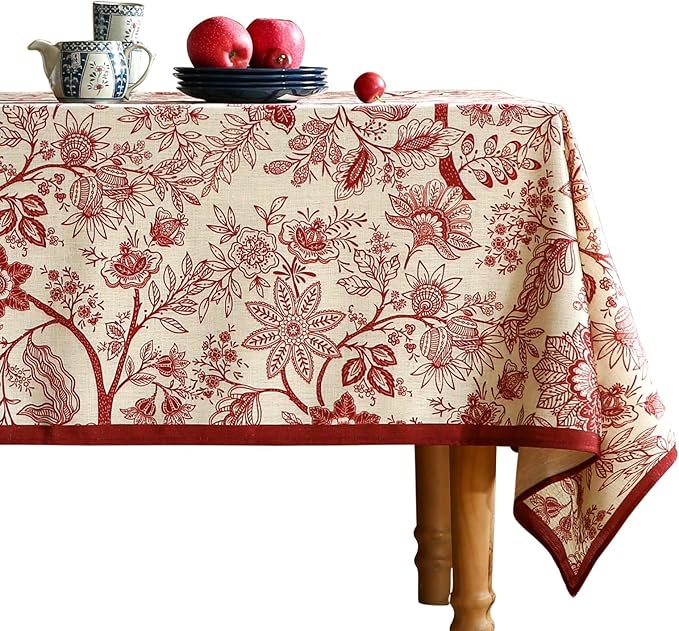 ISAENNE Designer French Linen Small Square Tablecloth,Red Floral Washable Indoor Table Cloth,Durable Home Decor Tablecloths for Dining Thanksgiving Kitchen Tea Party Christmas,55"*55"-Ruyi A