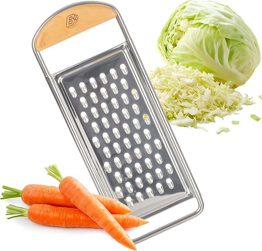 Cheese Grater Handheld - Stainless Steel Flat Food Grater with Cherrywood Handle - Coarse Shredder Kitchen for Medium-Hard Cheese and Vegetables - Italian Made Kitchen Gadgets by Kings County Tools