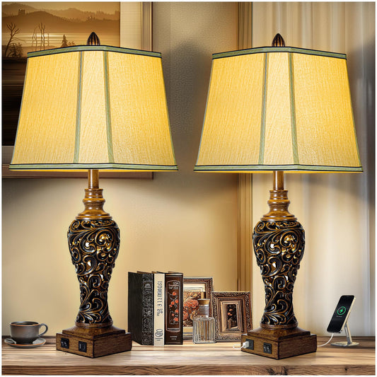 28.5'' Tall Farmhouse Vintage Table Lamp Set of 2 with Faux Silk Shade USB Ports Nightlight Decor for Bedside Living Room Bedroom Nightstands Office Home, Dark Bronze(Bulbs Included)