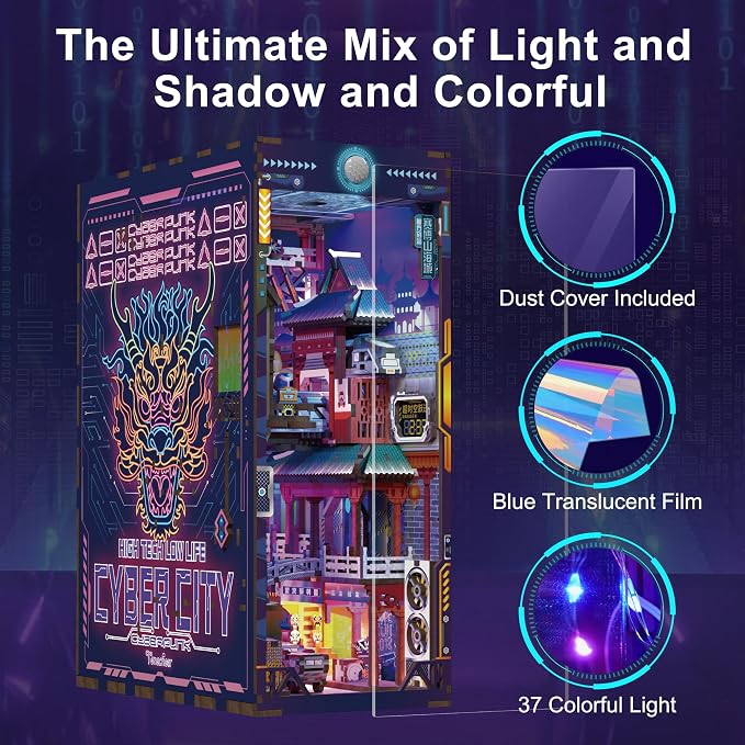 Tonecheer DIY Book Nook Kit for Adults, Wooden 3D Puzzle Bookend Bookshelf Insert Decor, Cyber Punk Booknook Miniature House Kit with Dust Cover and Body Motion Sensor LED (Cyber City)