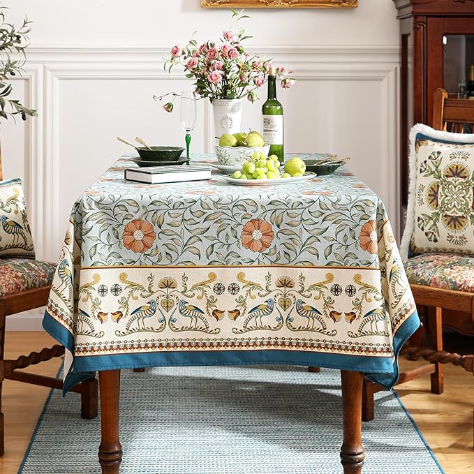 patdrea Designer French Linen Blue Tablecloth for Rectangle Table,Vintage Floral Table Cloth,Colorful Decoration Fall Cover Kitchen Dining for Thanksgiving,Tea Party,Christmas,55"x71"-Wensel