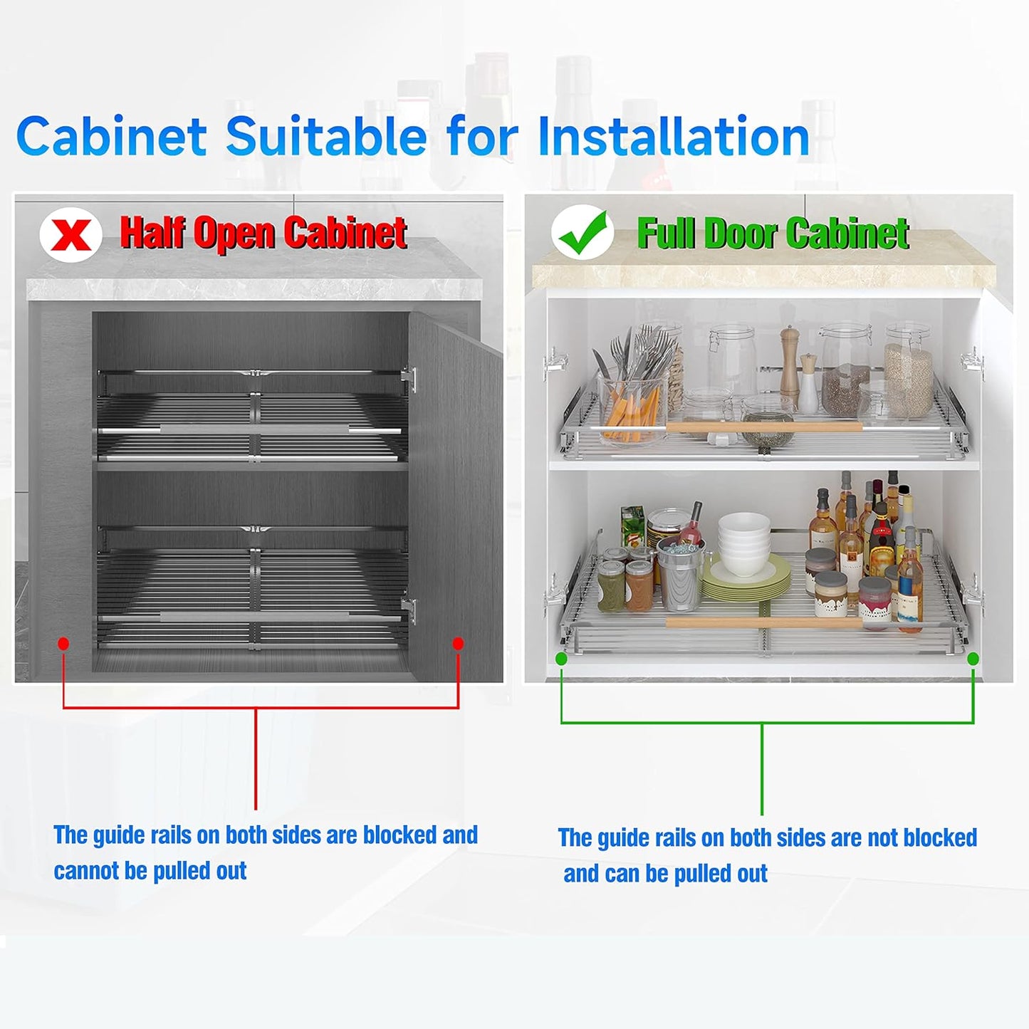 2Pack Expandable Pull Out Cabinet Organizer,12.2~17.9"W x 22.5"D Heavy Duty Slide Out Shelves Adjustable Height Cabinet Pull Out Shelves,Expandable Width Spice Rack Organizer for Kitchen
