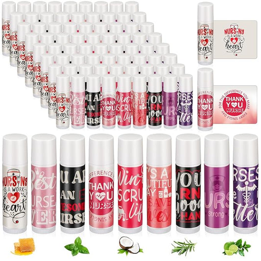 72 Sets Nurse Appreciation Gifts Bulk Nurse Week Gifts Lip Balm Party Gifts Thank you Inspirational Gifts with Gift Bag and Card for Nurse Day CNA Week Nursing Assistant Dental, 9 Styles