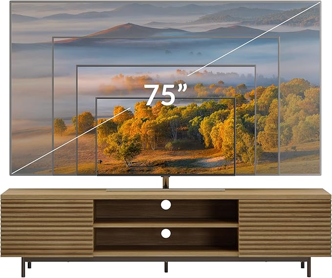 BELLEZE Fluted TV Stand for TV up to 75", Modern Entertainment Center with Storage Media Console Table with Cable Management, Wood TV Cabinet for Home Living Room Bedroom(Camel), 68"x15.6"x17.2"
