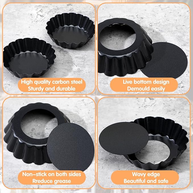 Yolev 24 Pcs Mini Pie Tart Pans 3" with Removable Bottom Round Nonstick Quiche Pan Bakeware Egg Tart Molds Fluted Side Small Quiche Pans Steel Mini Pie Tins for Pies Mousse Cheese Cake Dessert