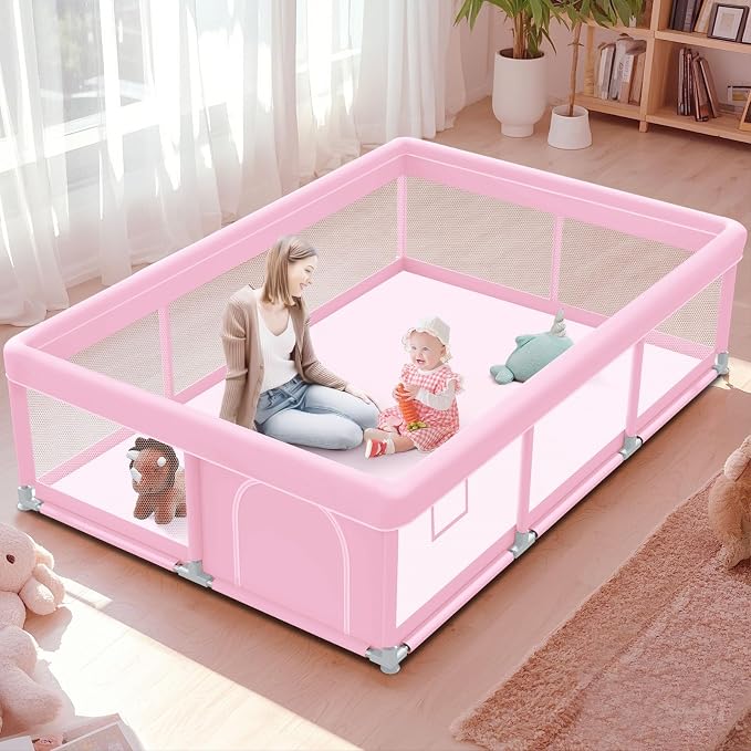 Pink Baby Playpen 74x50 Inches Playpen for Little Princess Play Yards Indoor & Outdoor Sturdy Safety Baby Girls Play Pen with Soft Breathable Mesh Toddlers Activity Center with Anti-Slip Base