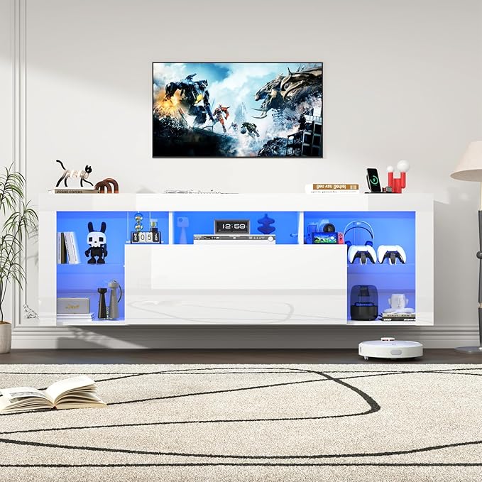 71" Floating High Gloss LED TV Stand for up to 85" TVs, Wall-Mounted Entertainment Center, Modern Media Console w/USB Outlets, Open Adjustable Glass Shelf&Hidden Storage Cabinet, White
