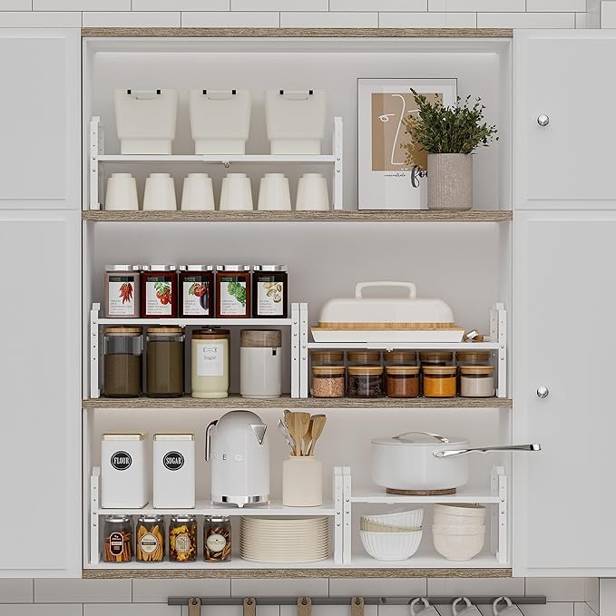 Expandable Shelf for Cabinet Organizer Adjustable Stackable Spice Rack at Kitchen and Bathroom More, Counter Countertop Cupboard Organization Pantry Storage(MEDIUM/2PACKS/WHITE)