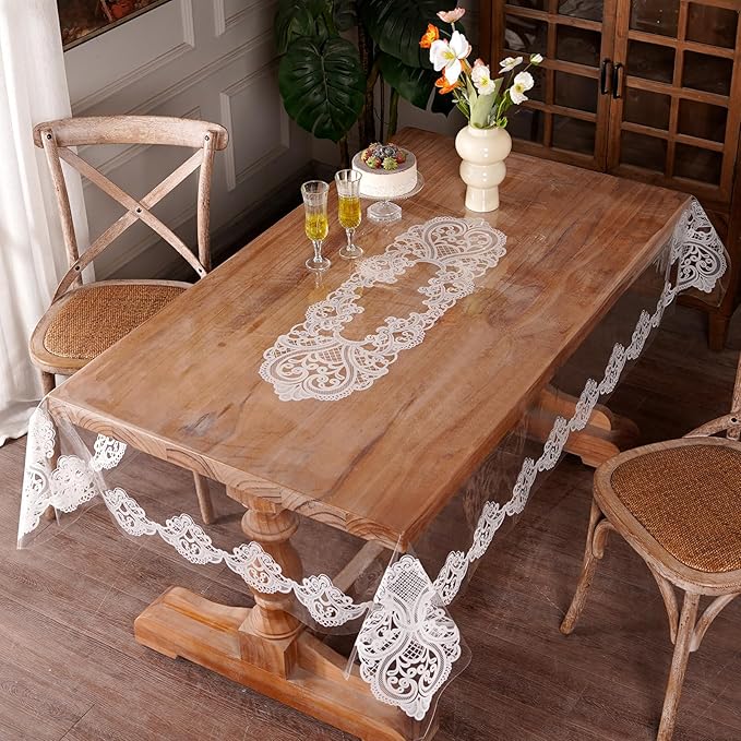 Clear Table Cover Protector Vinyl Table Cloth Rectangle with Lace Pattern Oil Spill Proof Vintage Rustic Plastic Table Covers for Dining Tables (White Lace, 52 x 70 Inches)