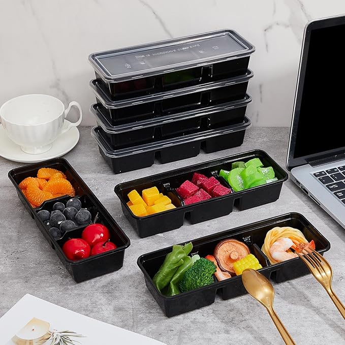 Hushee 50 Pack 17 oz Small Meal Prep Containers with 3 Compartments Snack Containers with Lid Disposable Plastic Bento Box Travel Lunch Food Boxes Stackable for Office Picnic (Black)