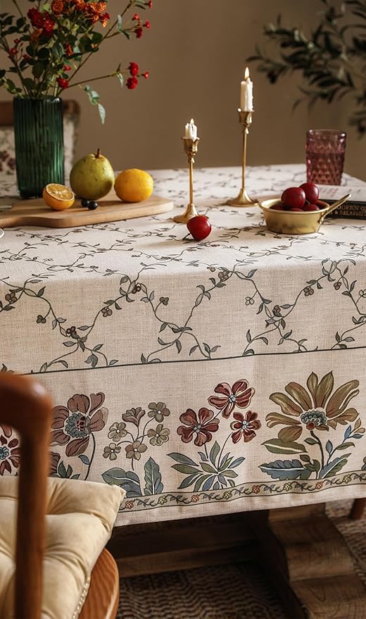 patdrea Designer Linen French Long Tablecloth for Rectangle Table,Fall Country Breathable Floral Tablecloths,Table Cover for Kitchen Dining,Tea Party,Christmas,Thanksgiving,63"x102"-Oliveirad