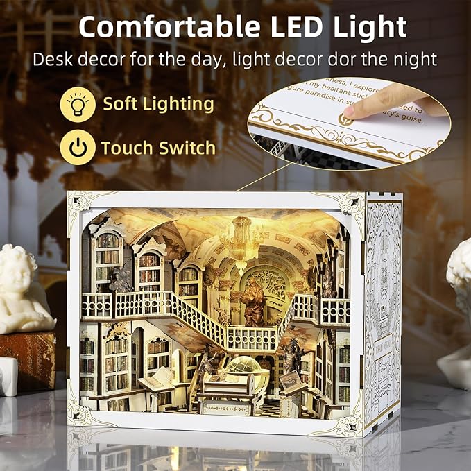 𝐂𝐂𝐂𝐃𝐅 DIY Book Nook Kit, DIY Miniature Dollhouse Booknook Kit, 3D Wooden Puzzle Bookend Bookshelf Insert Decor with LED Light for Adults (Library of Gods Max)
