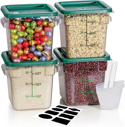 4L NSF Food Storage Containers: 4 PCS [Food Grade][Hot&Cold Resistant] Commercial Clear Food Storage Containers with Lids for Restaurant Kitchen Proof Dough, Measuring Spoons Included(Green)