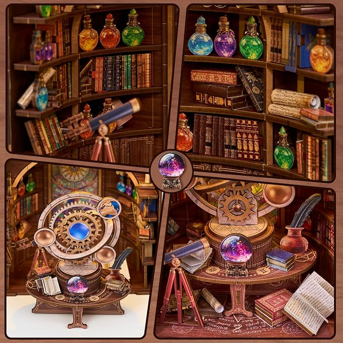 DIY Miniature Dollhouse Kit,3D Wooden Puzzles for Adults to Build, Birthday/Christmas Day Gift for Astronomy & Steampunk Lovers,Mini Zodiac Library with LED Lights,Star Trail Magic Workshop