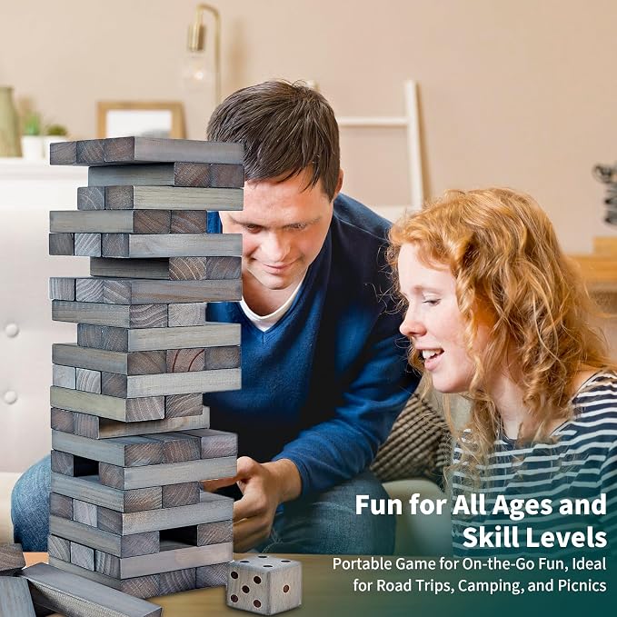 ApudArmis 54 PCS Tumble Timber Set Up to 3.2FT, Pine Wooden Tumble Tower Game with Dice and Scoreboard Set - Classic Block Stacking Board Game for Adults Teenagers (Gray)