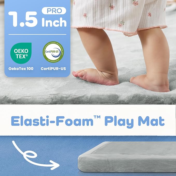 1.5" Thick Baby Play Mat for Floor Tummy Time, 50"x 50" Pro Soft Baby Activity Playmats Playroom, Easy Care with Non-Slip Safe for Infant Toddler Kids Crawling(Light Grey)