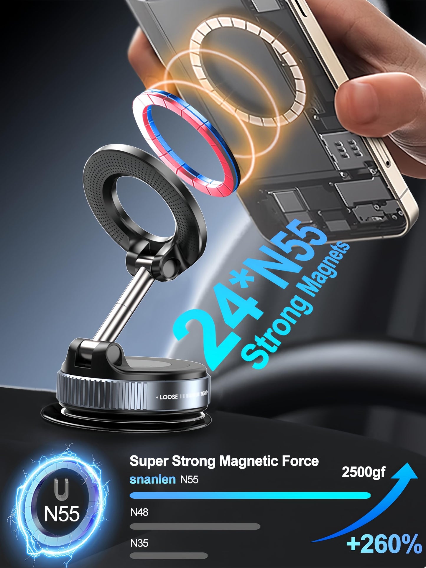 snanlen Upgraded 360° Vacuum Magnetic Phone Holder, Magnetic Car Phone Mount, Hands-Free Suction Cup Phone Holder for Car/Gym/Mirror/Shower, Car Mount Compatible with iPhone 16 Pro Max/Android