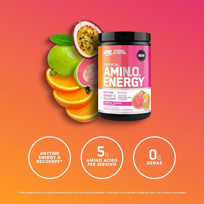 Optimum Nutrition New Flavor Amino Energy - Pre Workout with Green Tea, BCAA, Amino Acids, Keto Friendly, Green Coffee Extract, Energy Powder - Tropical Sunrise, 30 Servings (Packaging May Vary)