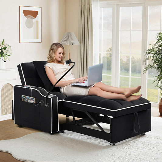 Convertible Sleeper Chair Sofa Bed,3 in 1 Velvet Tufted Pull Out Couch with Swivel Phone Holder & USB Ports,Futon Small Couch Bed w Cup Holders & Adjustable Backrest for Living Room,Small Place(Black)